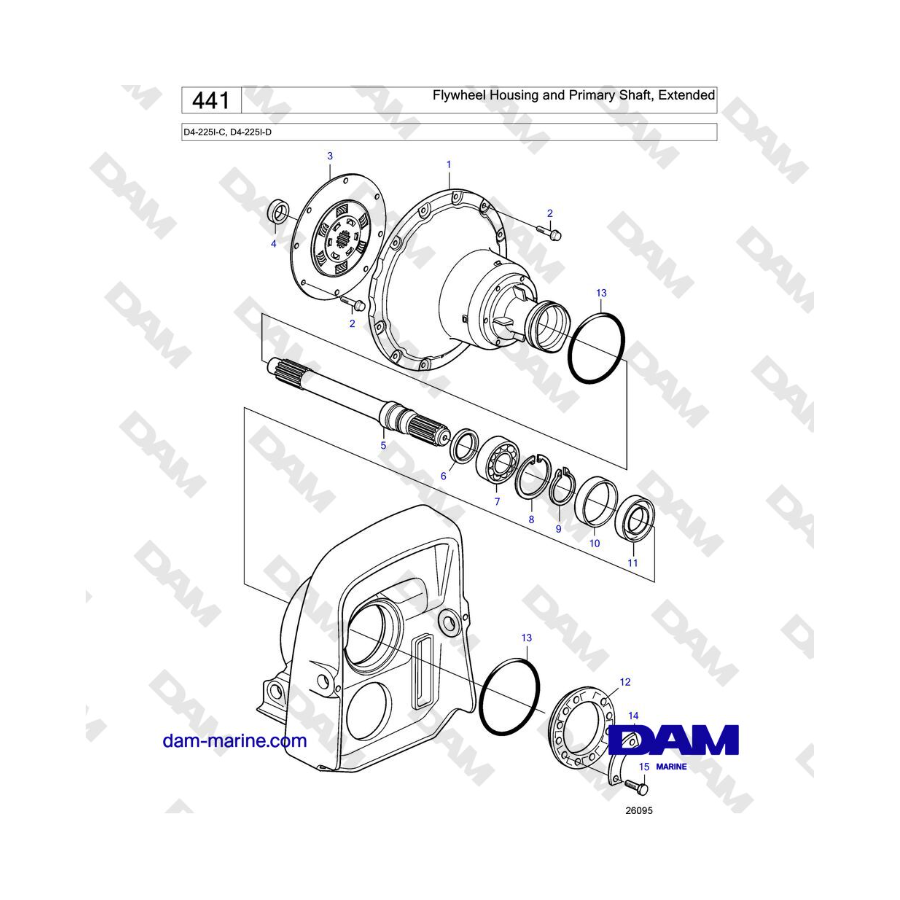 Volvo Penta D4-225I-C, D4-225I-D - Carcasa del volante y eje primario, extendidos