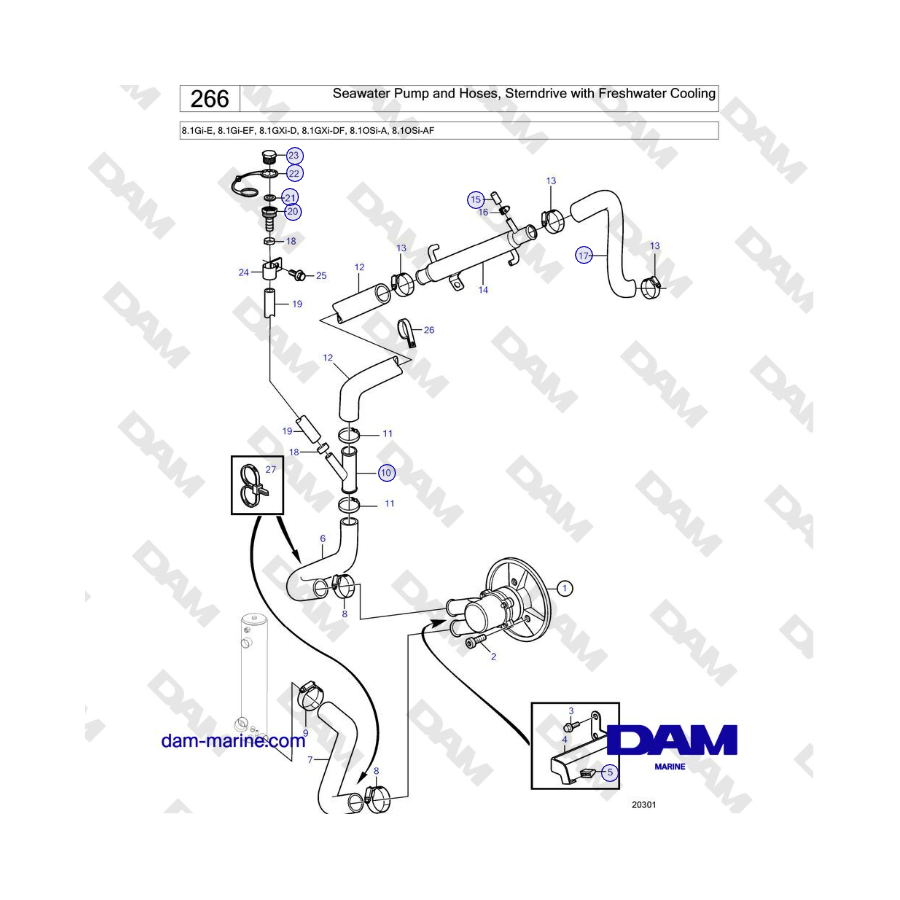 Volvo Penta 8.1L OSI - Bomba de agua de mar y mangueras, motor dentrofueraborda con refrigeración por agua dulce 