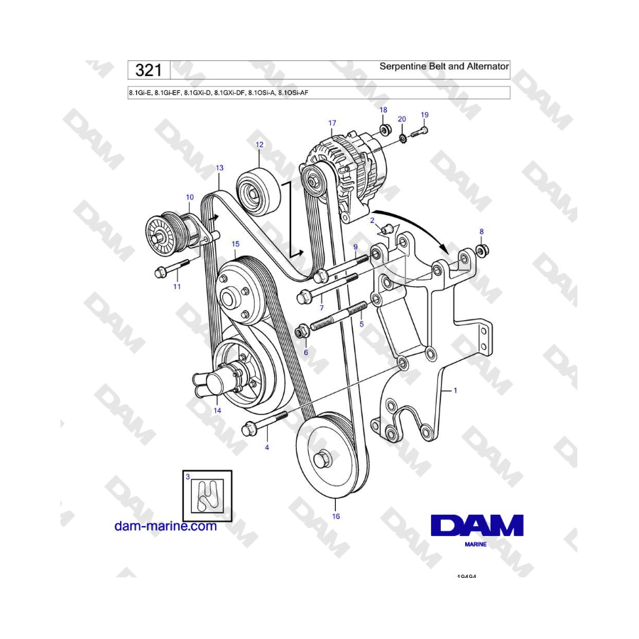 Volvo Penta 8.1L OSI - Correa serpentina y alternador 