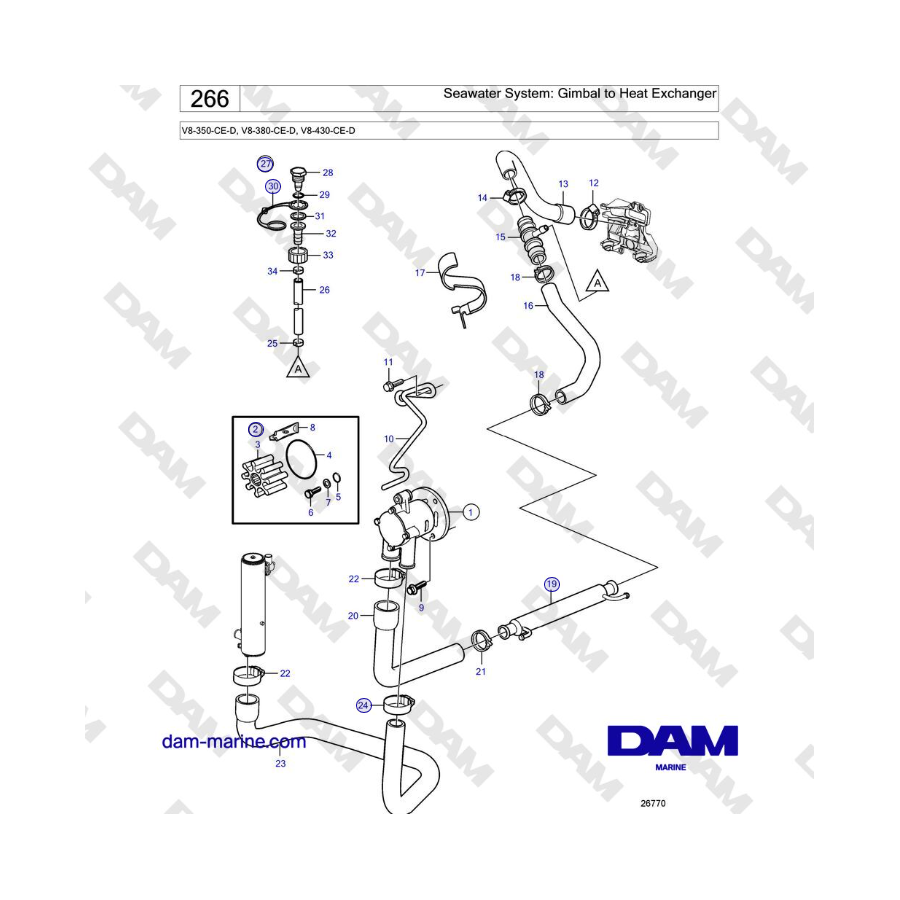 Volvo Penta V8-430 - Sistema de agua de mar: Cardán a intercambiador de calor