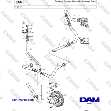 Volvo Penta V6-225 - Seawater System: Gimbal to Seawater Pump