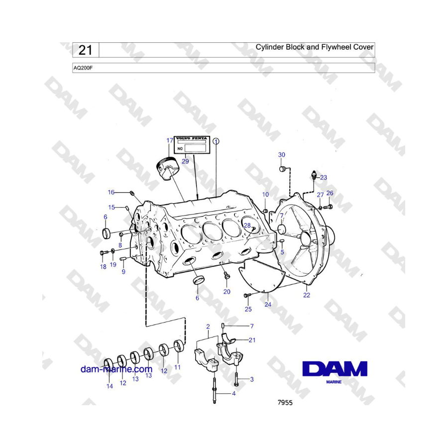 Volvo Penta AQ200F - Bloque de cilindros y tapa del volante 