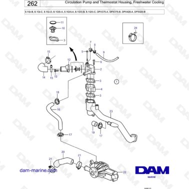 Volvo Penta 8.1L GSI - Circulation Pump and Thermostat Housing, Freshwater Cooling