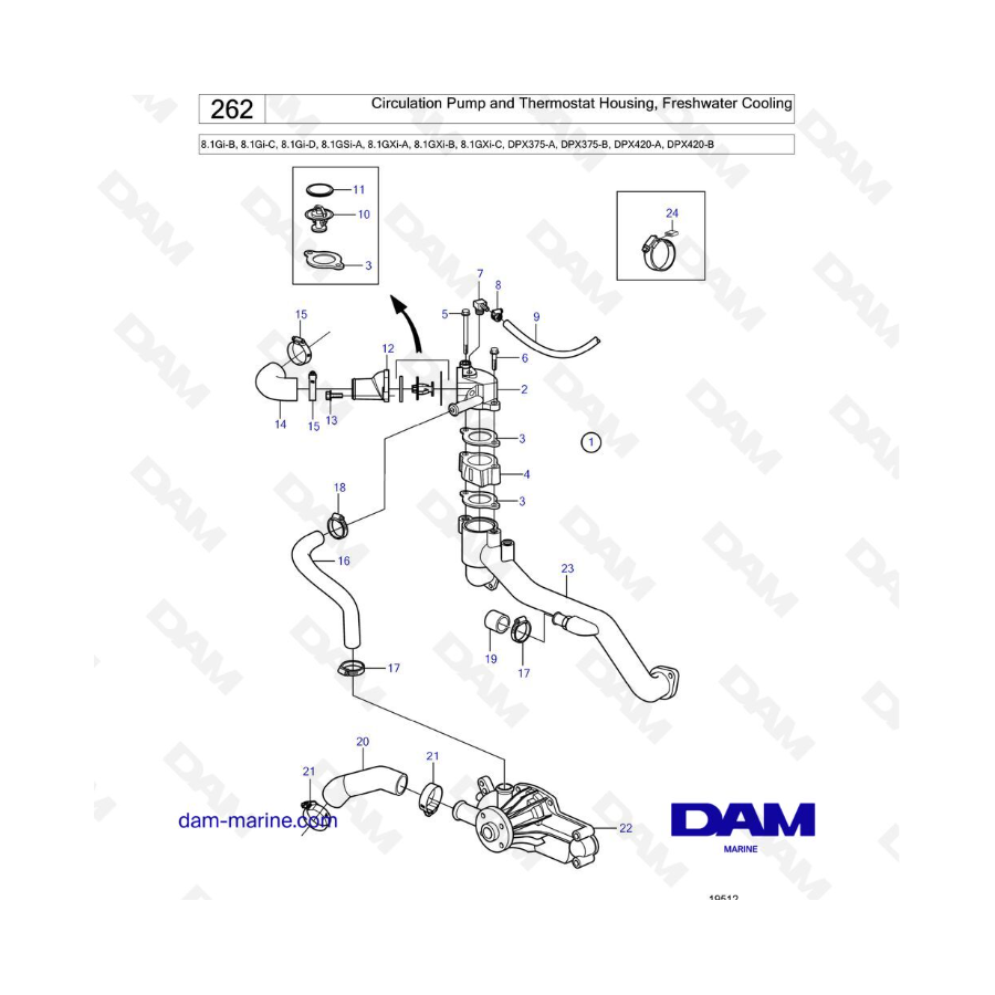 Volvo Penta 8.1L GSI - Circulation Pump and Thermostat Housing, Freshwater Cooling