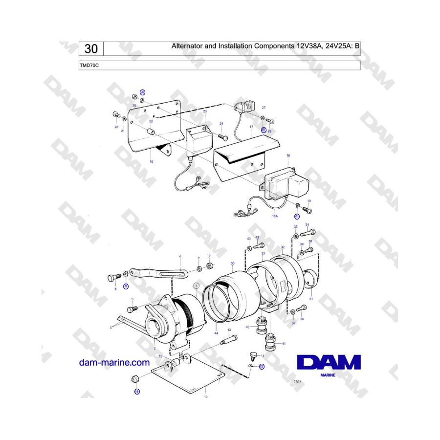 Volvo Penta TMD70 - Alternator and Installation Components 12V38A, 24V25A: B 