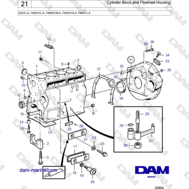 Volvo Penta AD31L-A, TAMD31L-A, TAMD31M-A, TAMD31S-A, TMD31L-A - Cylinder Block and Flywheel Housing