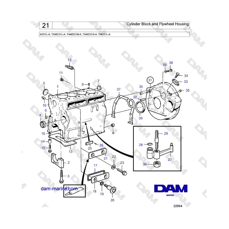 Volvo Penta AD31L-A, TAMD31L-A, TAMD31M-A, TAMD31S-A, TMD31L-A - Cylinder Block and Flywheel Housing