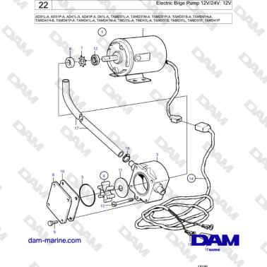 Volvo Penta AD31L / AD41 / D41L / TAMD31L / TAMD31M / TAMD41L / TMD31L / TMD41L - Electric bilge pump 12V/24V : 12V