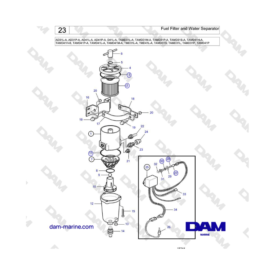 Volvo Penta AD31L/P / AD41L/P / D41L / TAMD31L/M/P / TAMD41L/M/P - Filtro de combustible y separador de agua