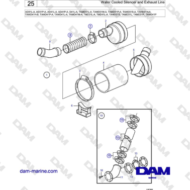 Volvo Penta AD31L -P / AD41L -P / D41L / TAMD31 / TAMD41 / TMD31 / TAMD41 - Water Cooled Silencer and Exhaust Line