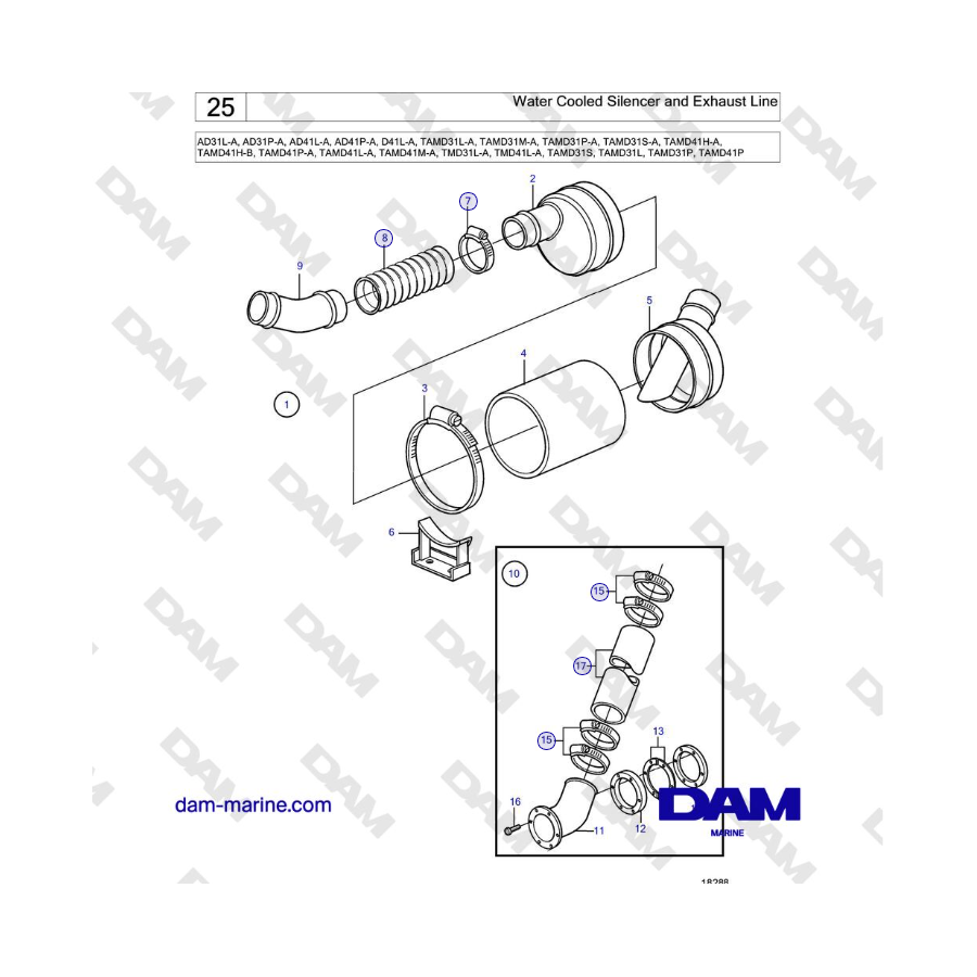 Volvo Penta AD31L-P / AD41L-P / D41L / TAMD31 / TAMD41 / TMD31 / TAMD41 - Silenciador y línea de escape refrigerados por agua