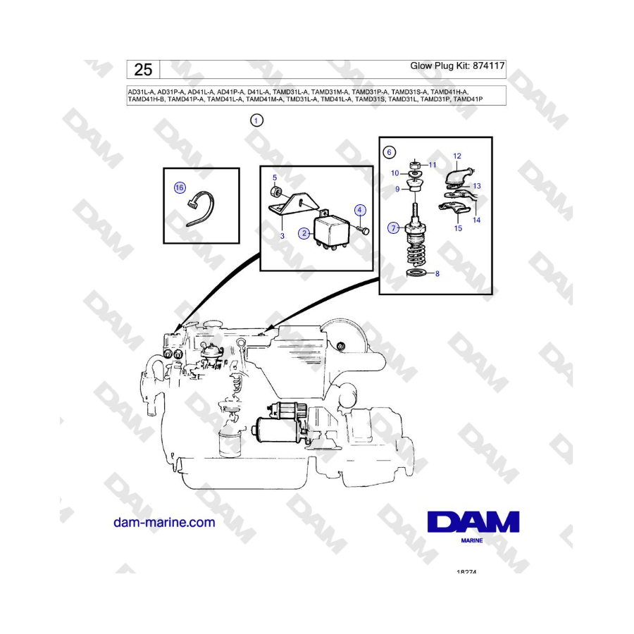 Volvo Penta AD31L -P / AD41L -P / D41L / TAMD31 / TAMD41 / TMD31 / TAMD41 - Glow Plug Kit: 874117