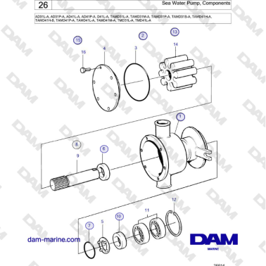 Volvo Penta AD31, AD41, D41L-A, TAMD31, TAMD41, TMD31 - Sea Water Pump, Components