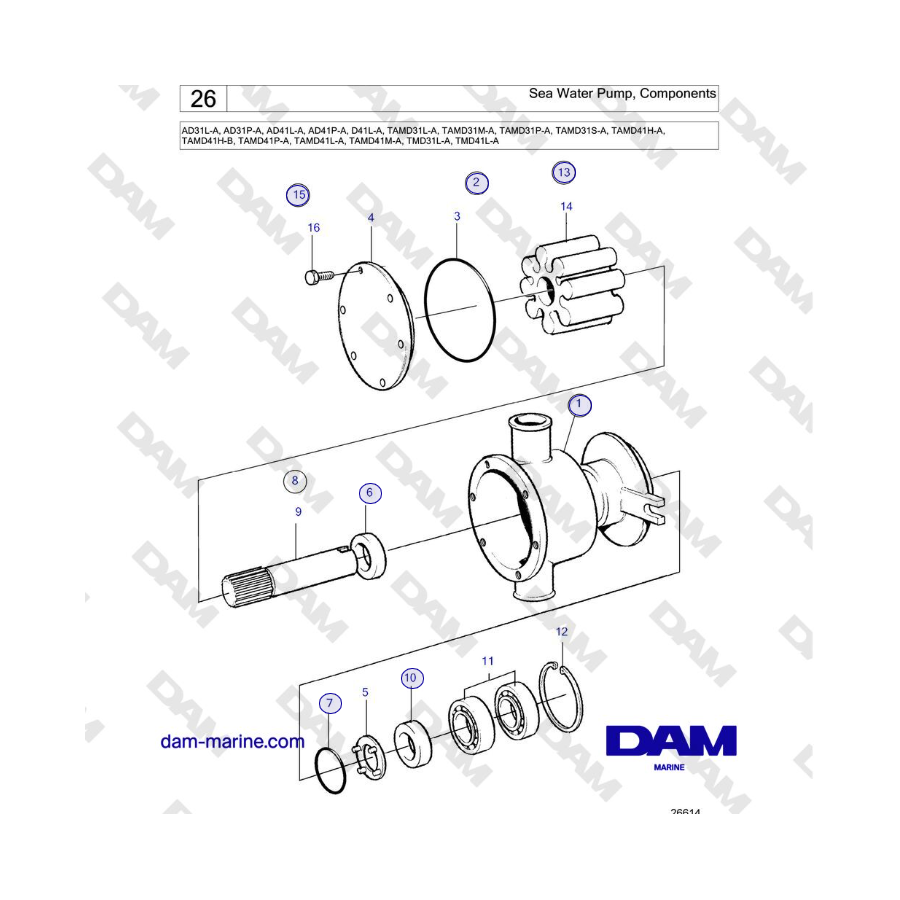 Volvo Penta AD31, AD41, D41L-A, TAMD31, TAMD41, TMD31 - Bomba de agua de mar, componentes