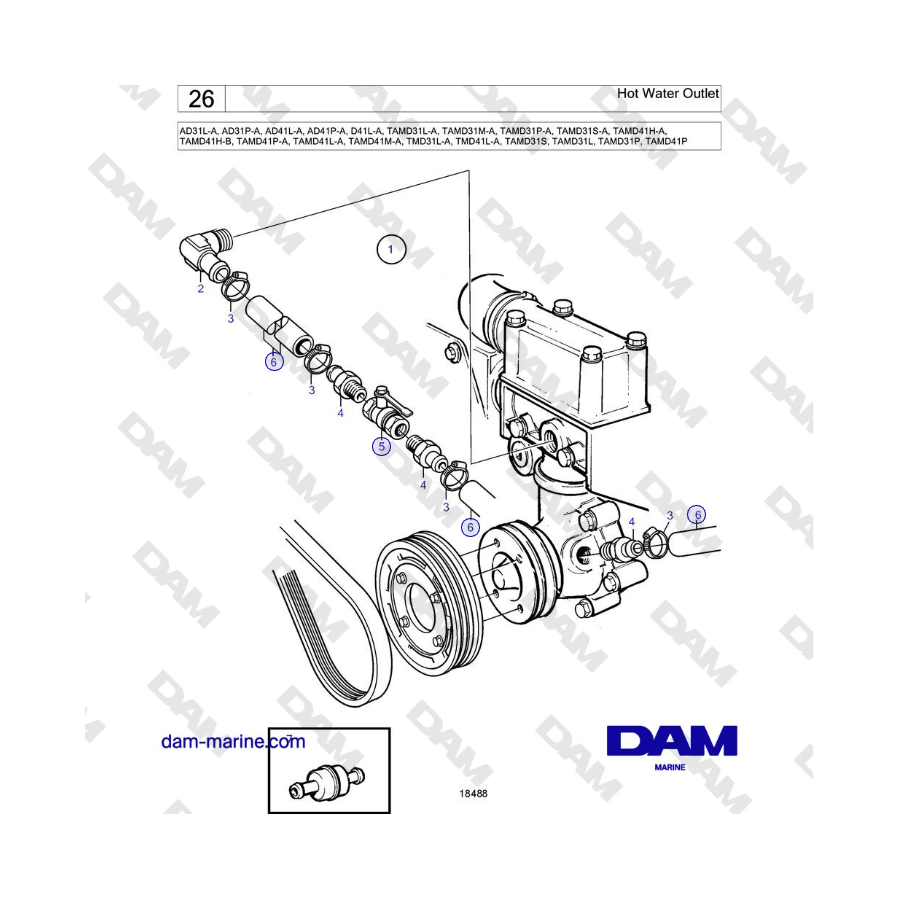 Volvo Penta AD31L-A, AD31P-A, AD41L-A, AD41P-A, D41L-A, TAMD31, TAMD41, TMD31, TMD41 - Hot Water Outlet