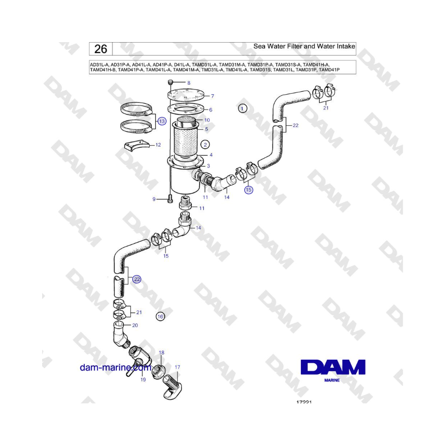 Volvo Penta AD31L/P / AD41L/P / D41L / TAMD31L/M/P/S / TAMD41H/M/L / TMD31L / TAMD41L - Filtro de agua de mar y toma de agua 