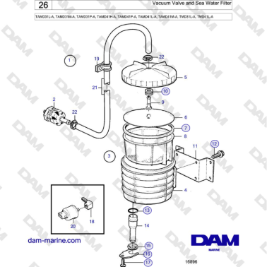 Volvo Penta TAMD31L/M/P, TAMD41H/P/L/M, TMD31L-A, TMD41L-A - Vacuum Valve and Sea Water Filter