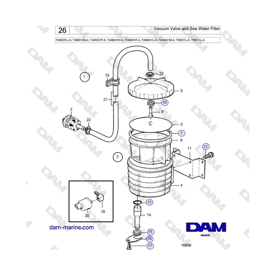 Volvo Penta TAMD31L/M/P, TAMD41H/P/L/M, TMD31L-A, TMD41L-A - Válvula de vacío y filtro de agua de mar