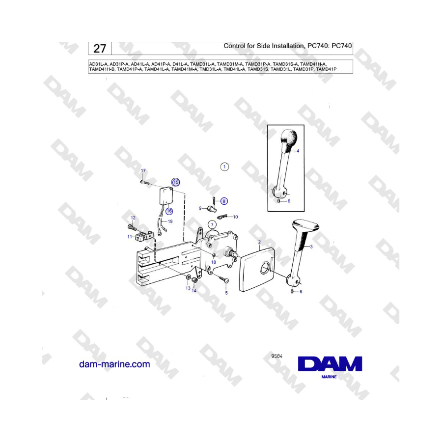 Volvo Penta AD31L/P / AD41L/P / D41L / TAMD31 / TAMD41 / TMD31 / TMD41 - Control para instalación lateral, PC740: PC740
