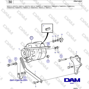 Volvo Penta AD31L/P / AD41L/P / D41L / TAMD31L/M/P/S / TAMD41H/M/L / TMD31L / TAMD41L - Alternator