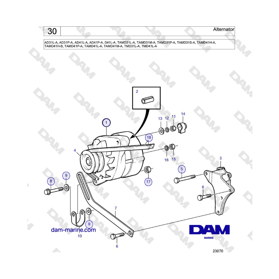 Volvo Penta AD31L/P / AD41L/P / D41L / TAMD31L/M/P/S / TAMD41H/M/L / TMD31L / TAMD41L - Alternador