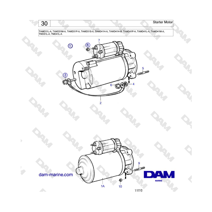 Volvo Penta AD31L/P / AD41L/P / D41L / TAMD31L/M/P/S / TAMD41H/M/L / TMD31L / TAMD41L- Starter Motor