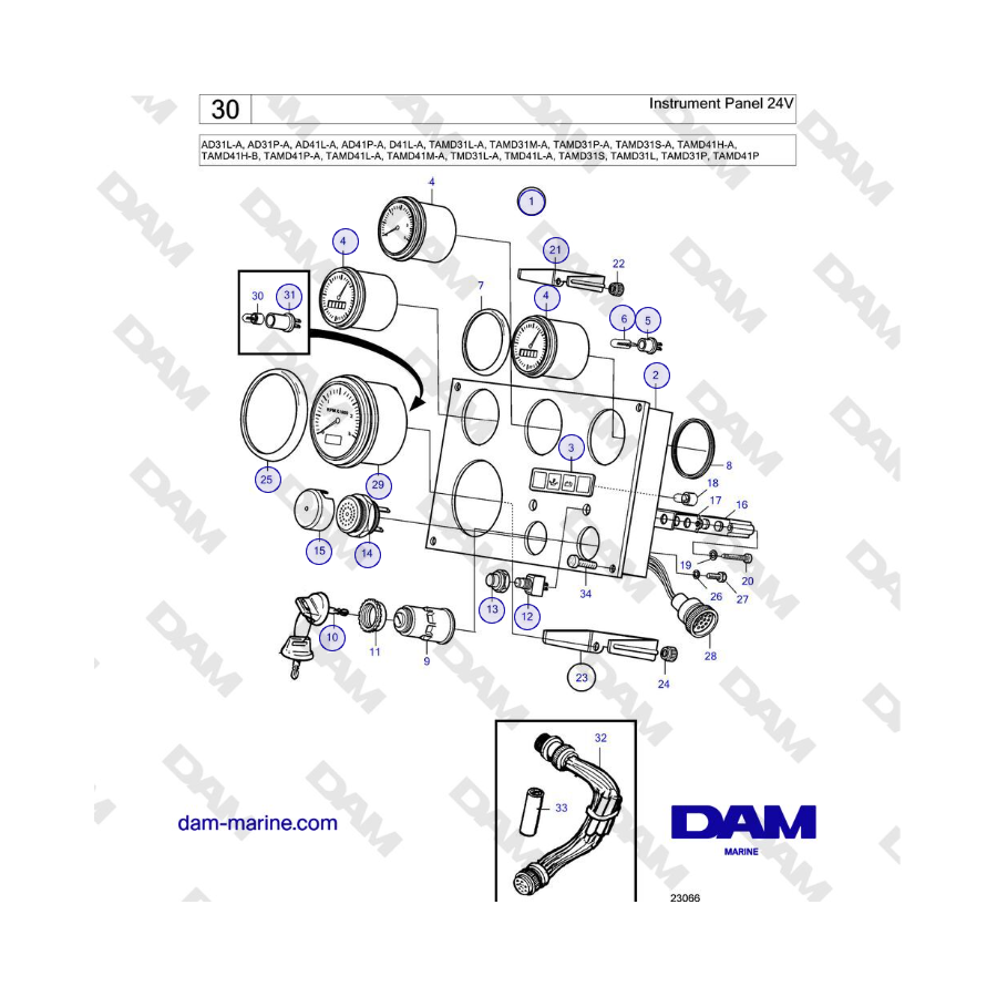 Volvo Penta AD31L/P / AD41L/P / D41L / TAMD31L/M/P/S / TAMD41H/M/L / TMD31L / TAMD41L - Instrument Panel 24V