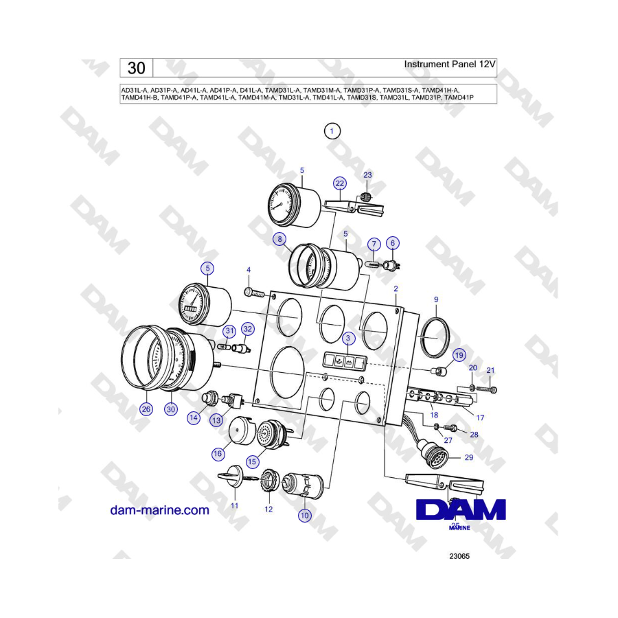 Volvo Penta AD31L/P / AD41L/P / D41L / TAMD31L/M/P/S / TAMD41H/M/L / TMD31L / TAMD41L - Panel de instrumentos de 12 V