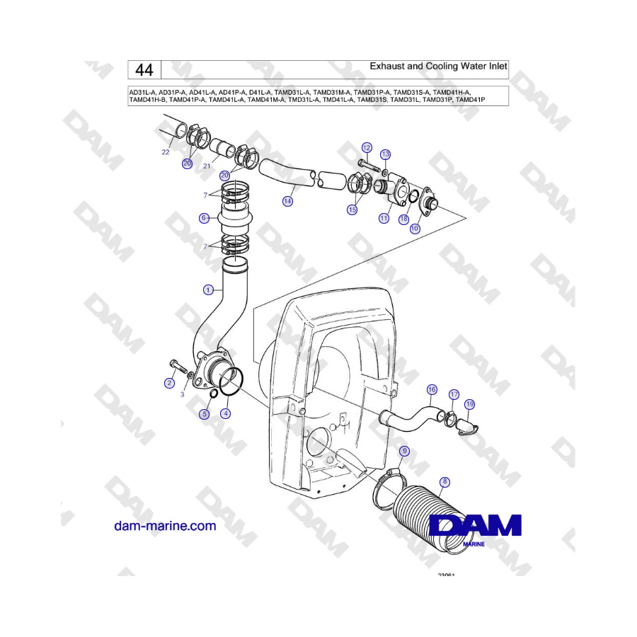 Volvo Penta AD31L/P / AD41L/P / D41L / TAMD31L/M/P/S / TAMD41H/M/L / TMD31L / TAMD41L - Exhaust and Cooling Water Inlet