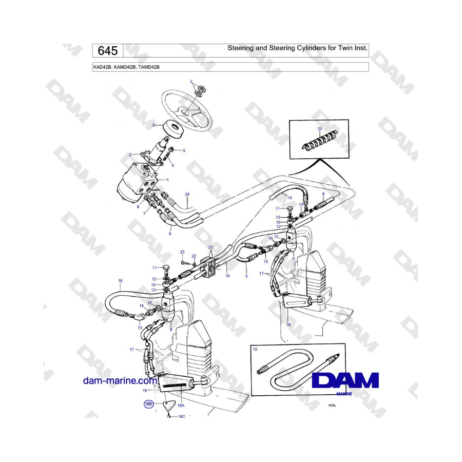 Volvo Penta KAD42B / KAMD42B / TAMD42B - Cilindros de dirección y dirección para Twin Inst.