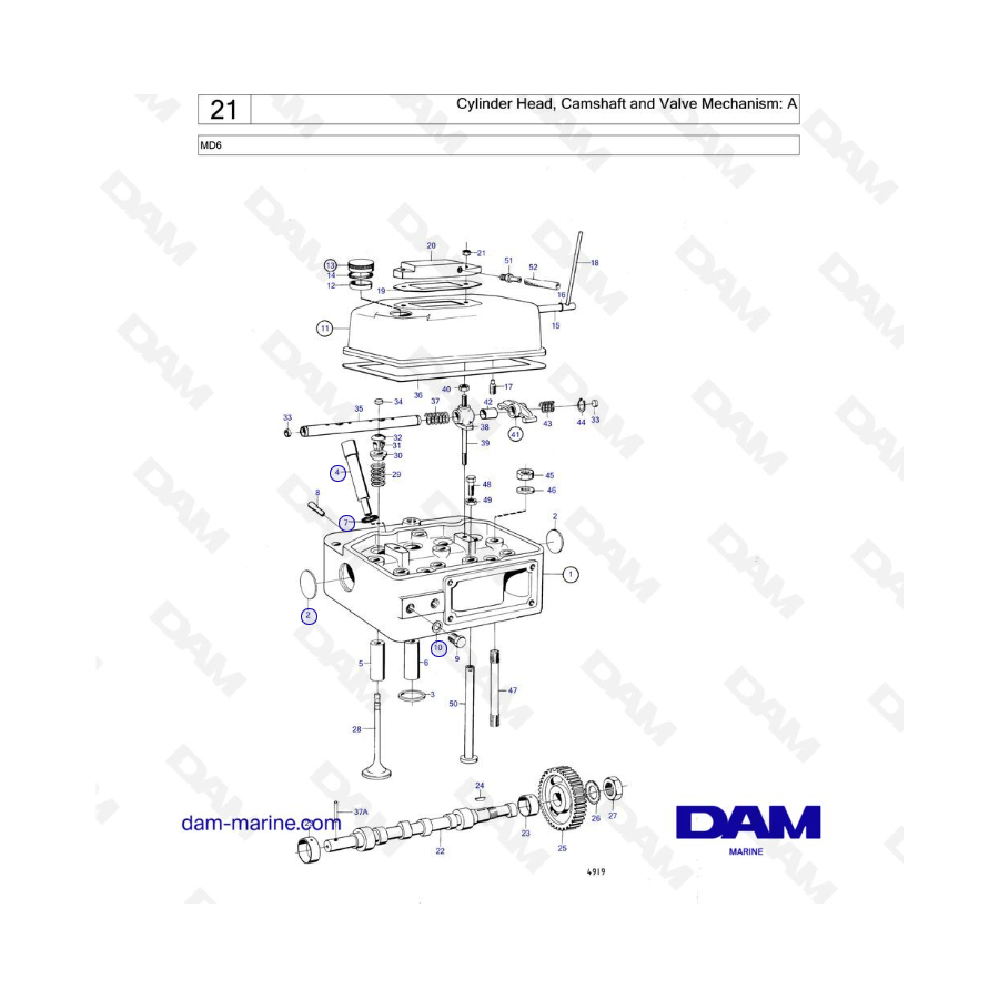 Volvo Penta MD6 - Culata, árbol de levas y mecanismo de válvulas: A