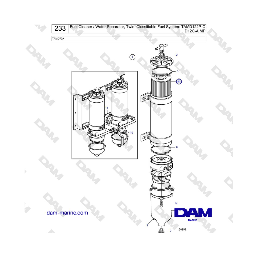Volvo Penta TAMD72 - Fuel Cleaner / Water Separator, Twin. Classifiable Fuel System: TAMD122P-C D12C-A MP