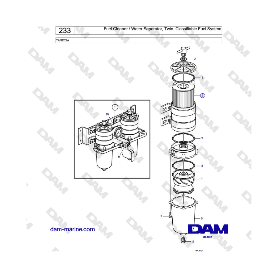 Volvo Penta TAMD72 - Limpiador de combustible / Separador de agua, doble. Sistema de combustible clasificable