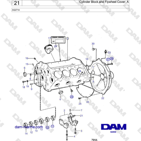 Volvo Penta AQ271 - Cylinder Block and Flywheel Cover: A