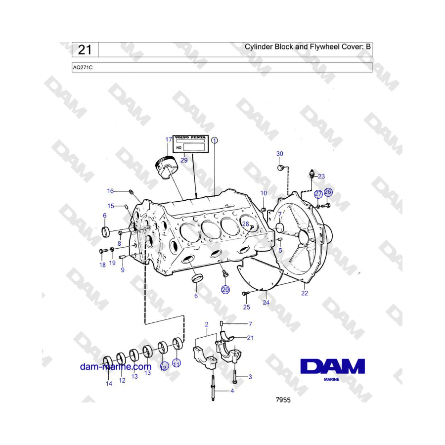 Volvo Penta AQ271C - Cylinder Block and Flywheel Cover: B