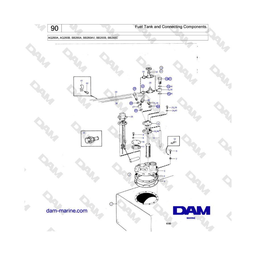Volvo Penta AQ260A, AQ260B - Depósito de combustible y componentes de conexión