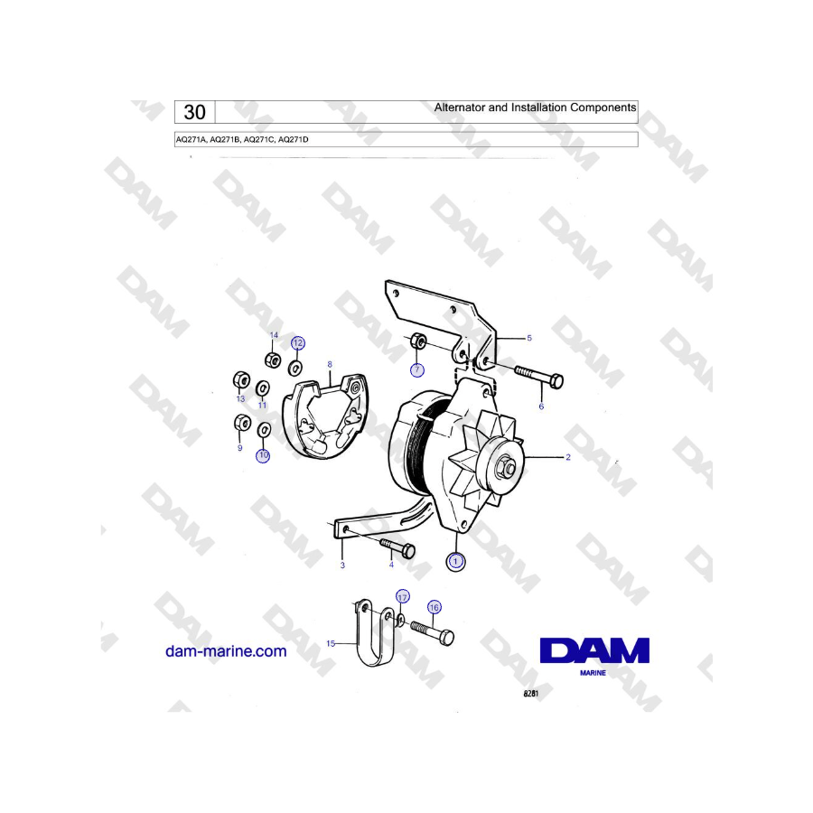 Volvo Penta AQ271 - Alternator and Installation Components