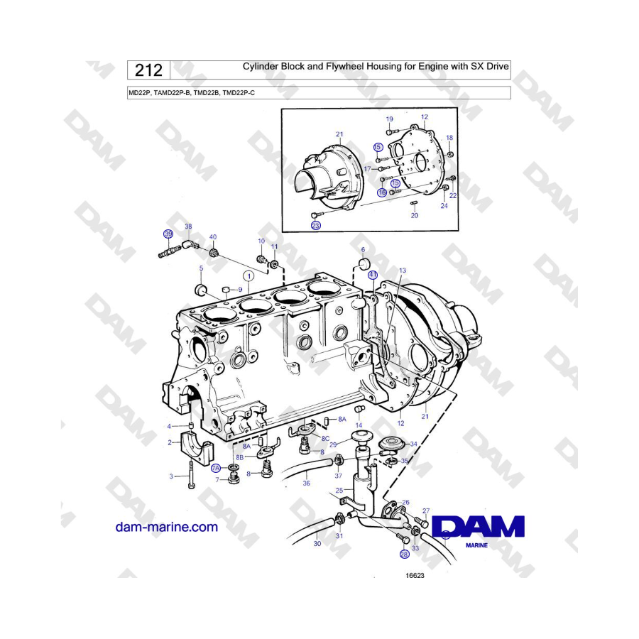 Volvo Penta MD22L, MD22P, TMD22B, TMD22P-C - Cylinder Block and Flywheel Housing for Engine with SX Drive