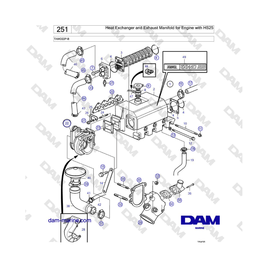 Volvo Penta TAMD22P-B - Intercambiador de calor y colector de escape para motor con HS25