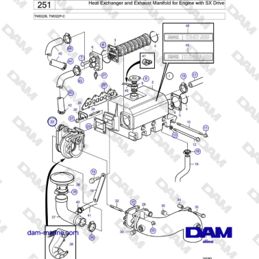 Volvo Penta TMD22B, TMD22P-C - Heat Exchanger and Exhaust Manifold for Engine with SX Drive