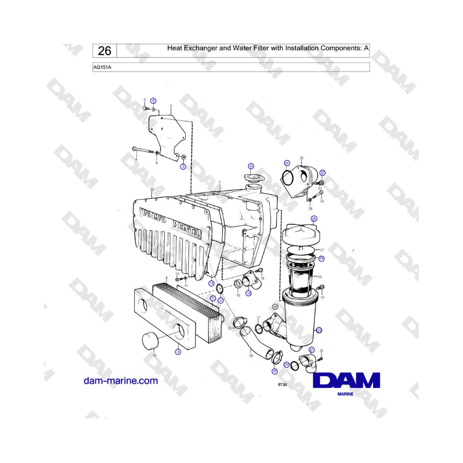 Volvo Penta AQ151A - Scambiatore di calore e filtro dell'acqua con componenti di installazione: A 