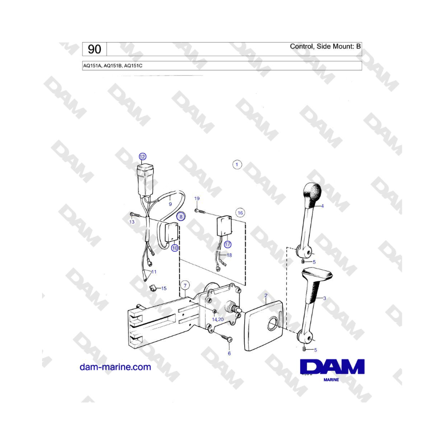 Volvo Penta AQ151A, AQ151B, AQ151C - Comando, montaggio laterale: B