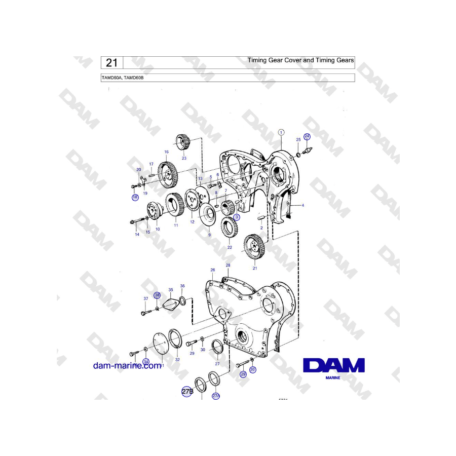 Volvo Penta TAMD60A, TAMD60B - Tapa de distribución y engranajes de distribución