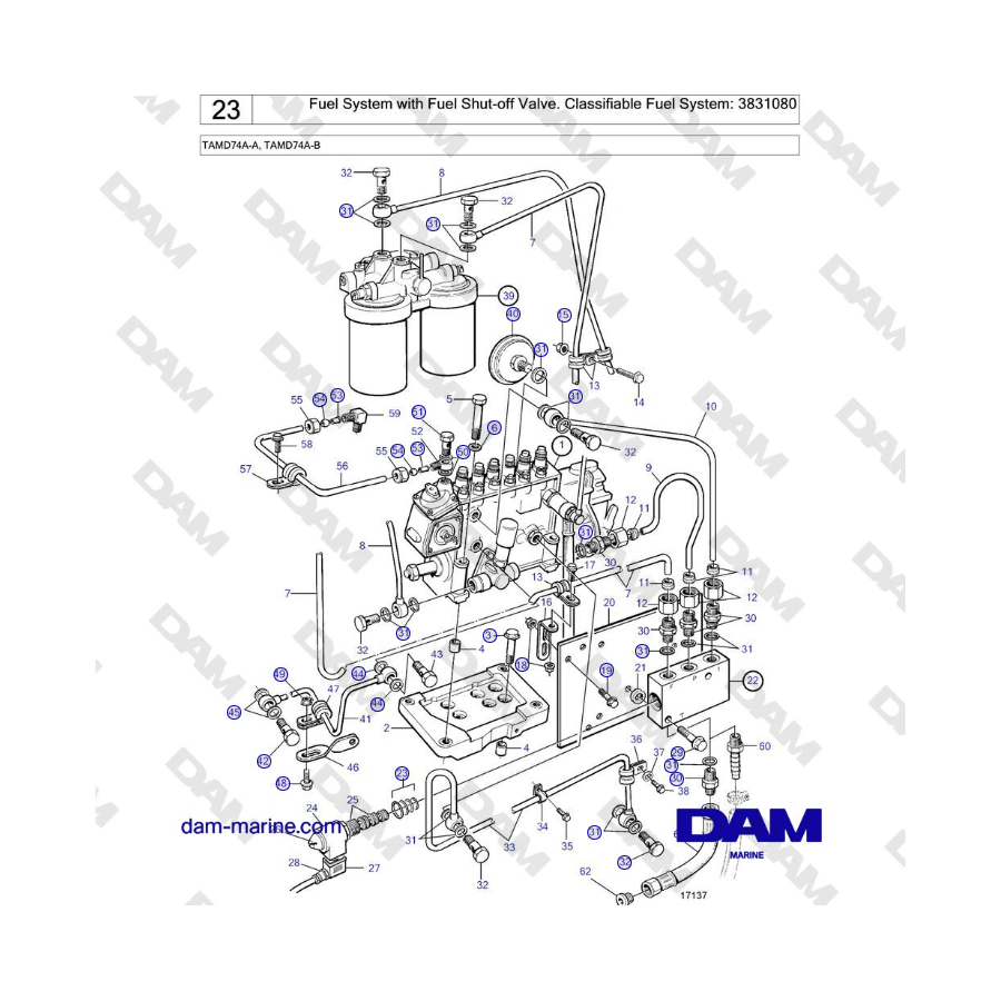 Volvo Penta TAMD74 - Sistema di alimentazione con valvola di intercettazione del carburante. Sistema di alimentazione classifica