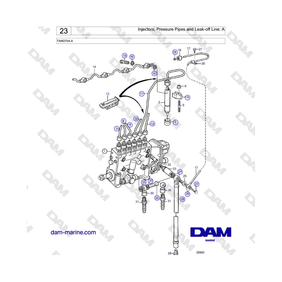 Volvo Penta TAMD74 - Inyectores, tuberías de presión y línea de fugas: A