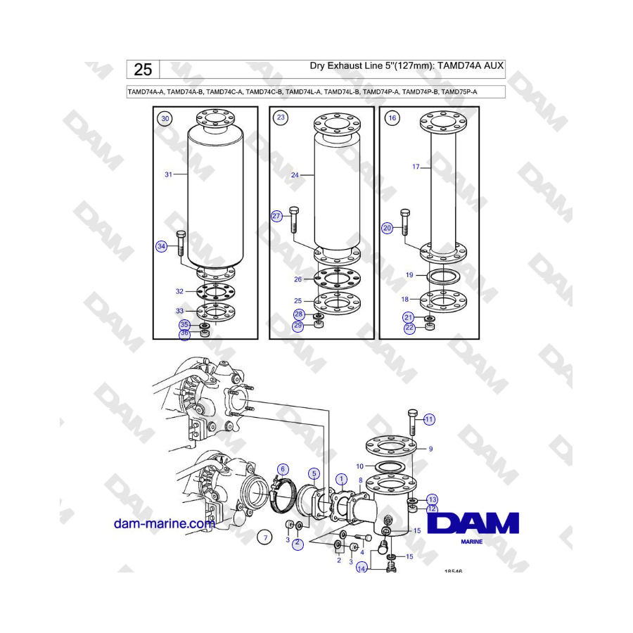Volvo Penta TAMD74 - Línea de escape seca de 5'' (127 mm): TAMD74A AUX