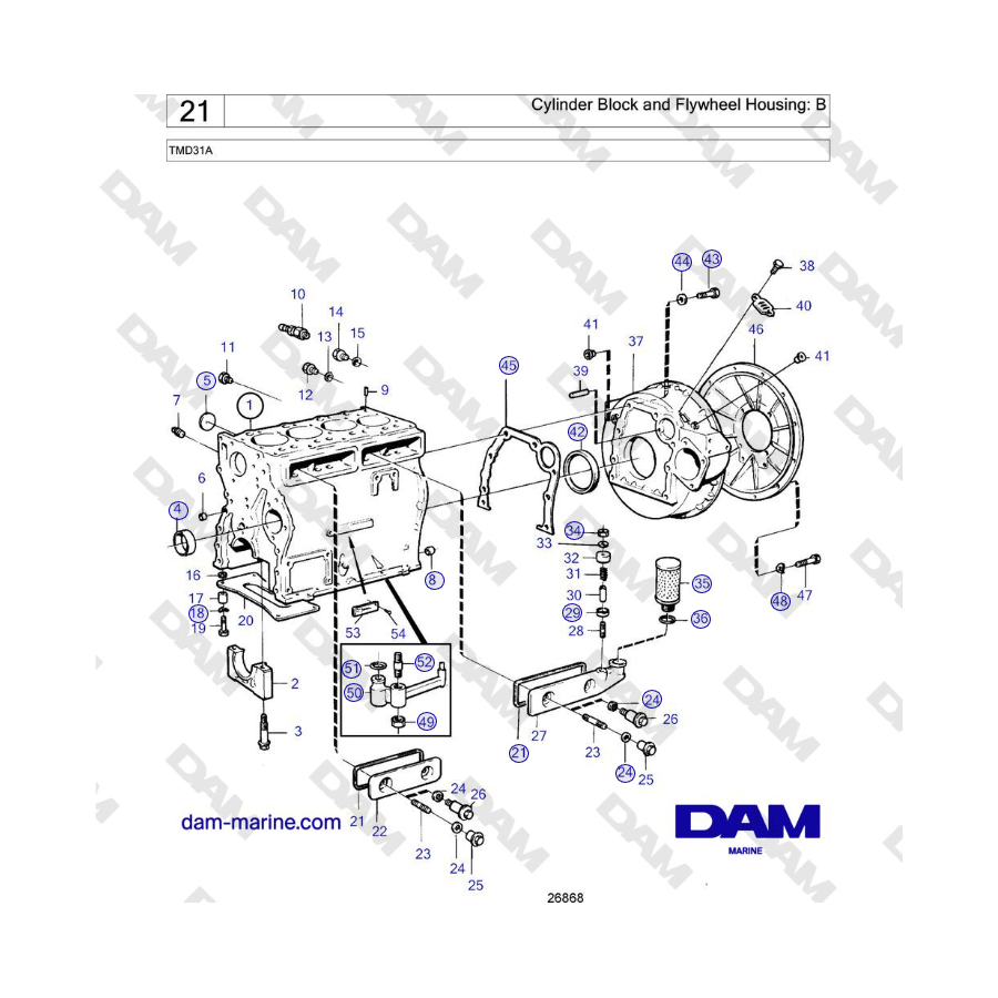 Volvo Penta TMD31A - Bloque de cilindros y carcasa del volante: B