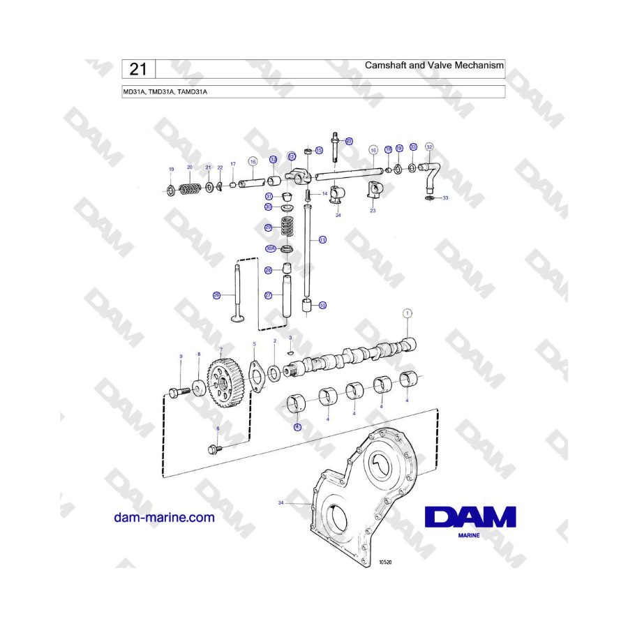 Volvo Penta MD31A, TMD31A, TAMD31A - Mecanismo de árbol de levas y válvulas