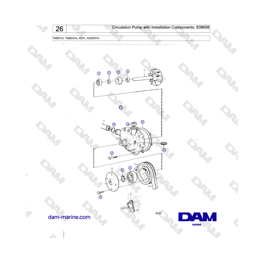 Volvo Penta TMD31A, TAMD31A, AD31, AQAD31A - Circulation Pump with Installation Components: 838698 