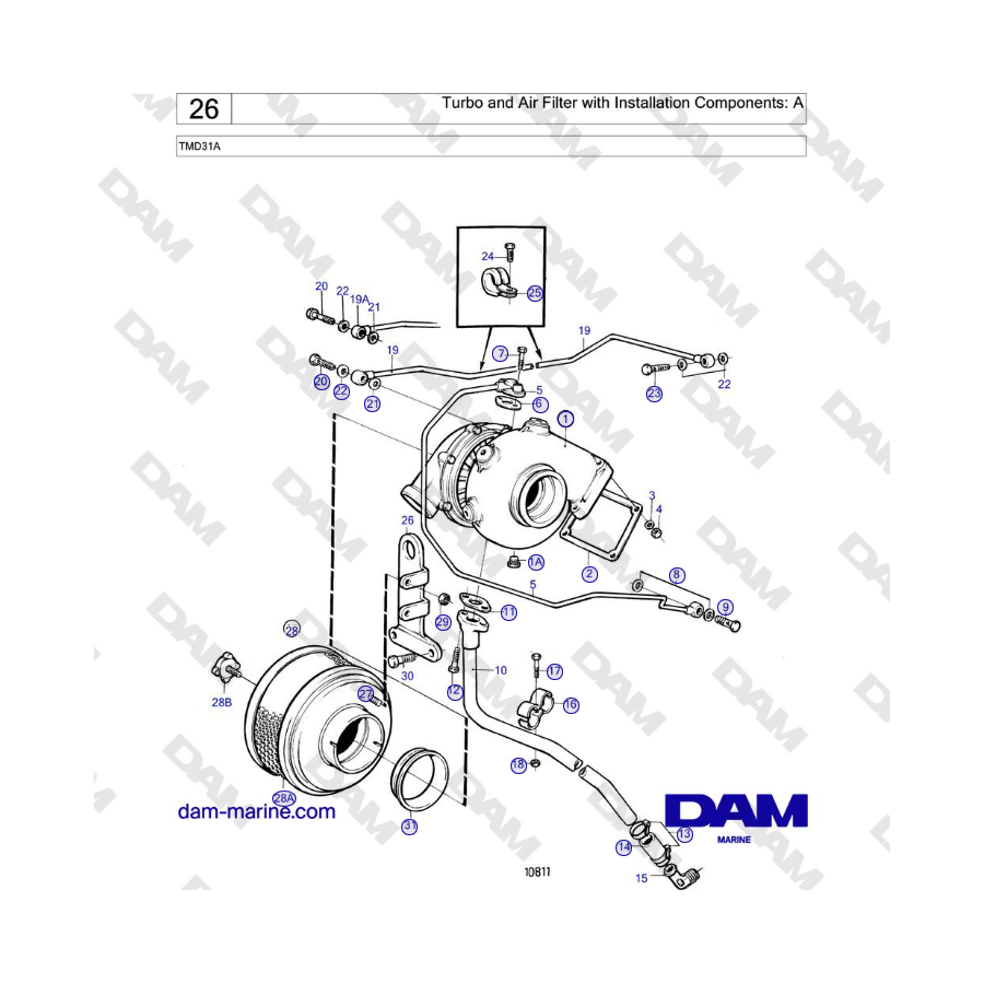 Volvo Penta TMD31A - Turbo e filtro aria con componenti di installazione: A